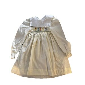 Vintage Polly‎ Flinders Pale Yellow Zoo Embroidered Dress Smocked Animals Sz 6